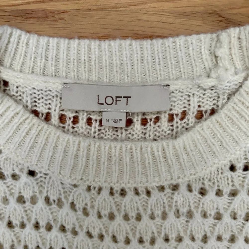LOFT Cream Ruffle Shoulder Crewneck Knit Pull Over Sweater - Picture 8 of 12
